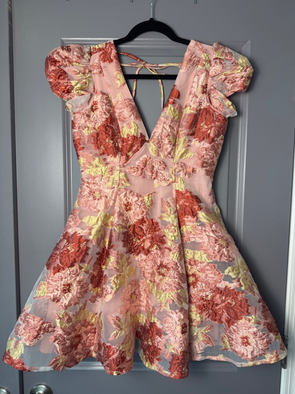 Altered State Pink Floral Brocade Fit & Flare Mini Dress | Open Back Party Dress